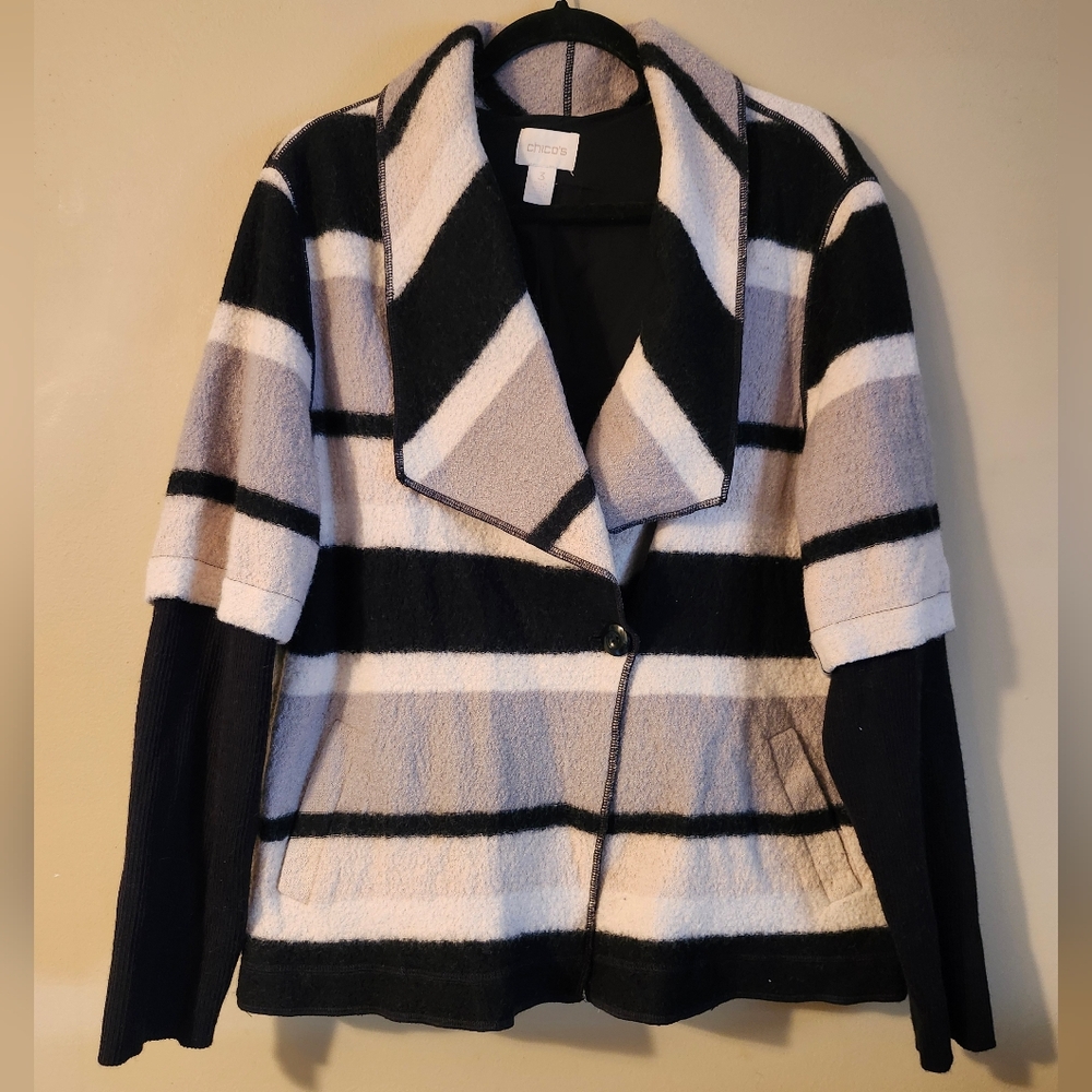Chico's Black, White, And Gray Boiled Wool Jacket With Knit Sleeves